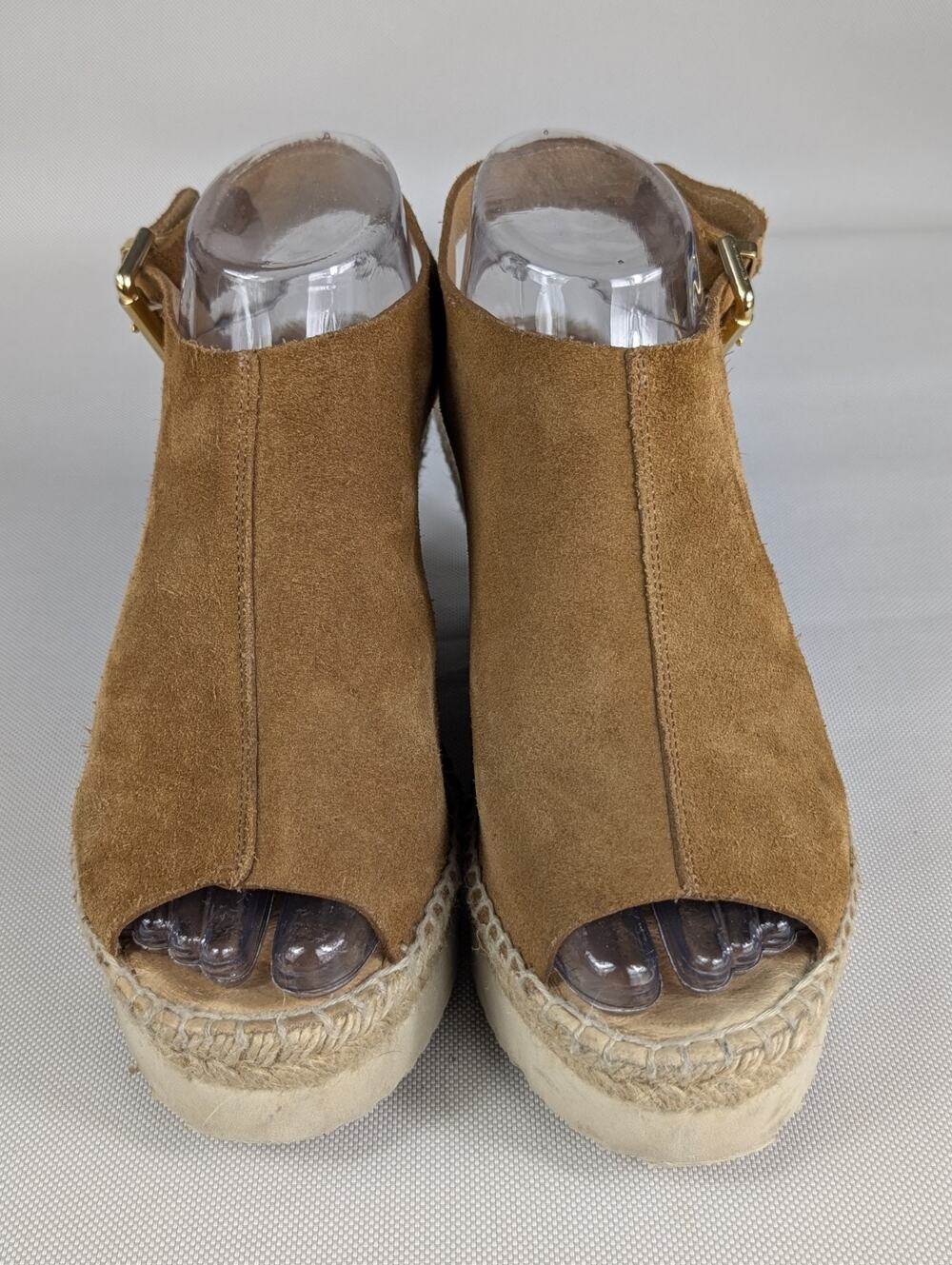 Kanna Brown Leather Espadrille Wedge Sandals Peep Toe Buckle Spain Size 7.5 - 8